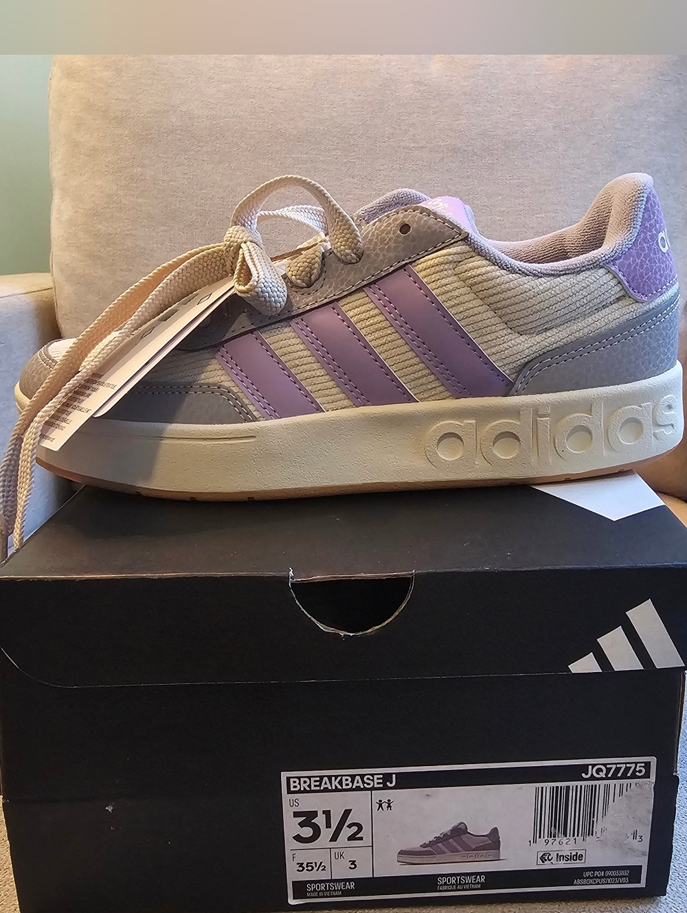 NWT Adidas Kids Breakbase J- Purple/Gray/Cream- Size 3.5